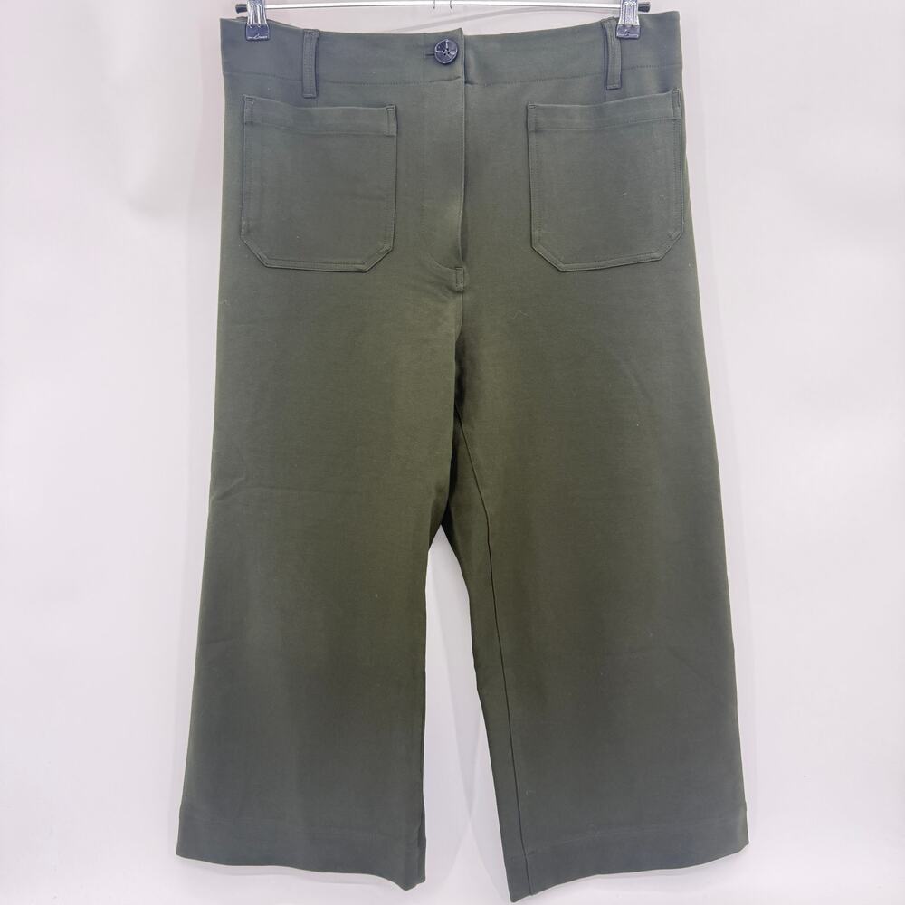 QUINCE Wide Leg Cropped Ponte Pant Size 14 Dark Green Patch Pocket Stretch